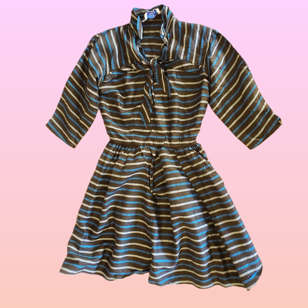 Blue black grey collared tie fit and flare dress